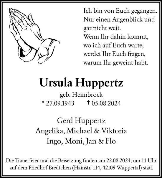 Traueranzeige von Ursula Huppertz von trauer.wuppertaler-rundschau.de