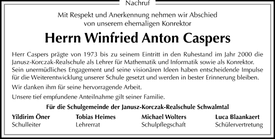 Traueranzeige von Winfried Anton Caspers von trauer.extra-tipp-moenchengladbach.de