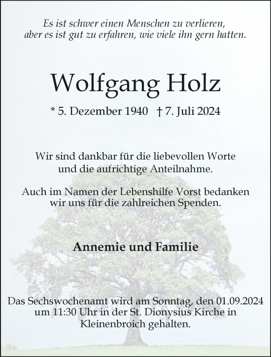 Traueranzeige von Wolfgang Holz von trauer.extra-tipp-moenchengladbach.de