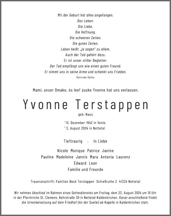 Traueranzeige von Yvonne Terstappen von trauer.extra-tipp-moenchengladbach.de