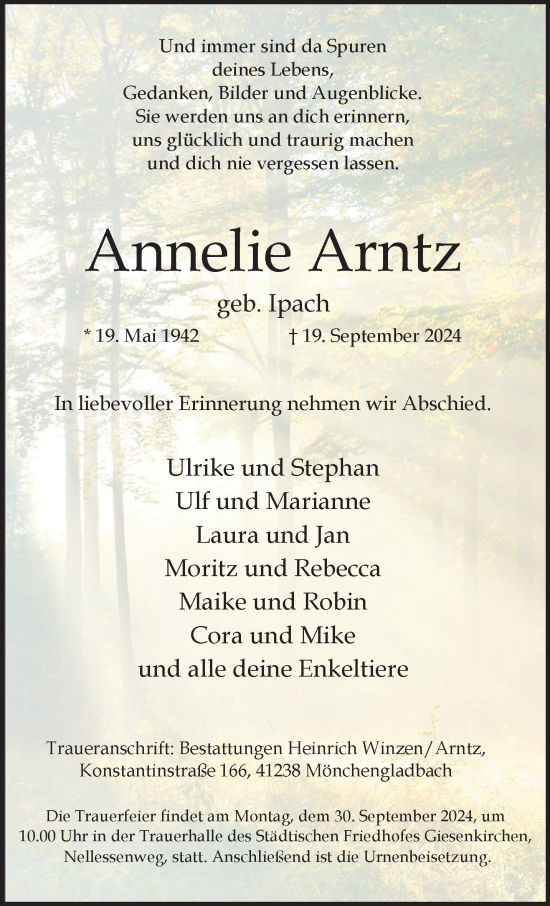 Traueranzeige von Annelie Arntz von trauer.extra-tipp-moenchengladbach.de