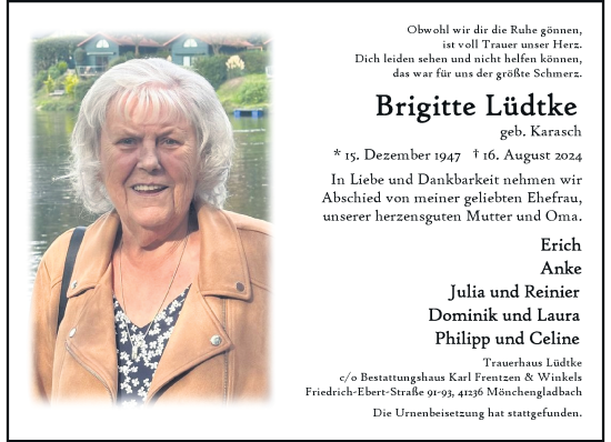 Traueranzeige von Brigitte Lüdtke von trauer.extra-tipp-moenchengladbach.de