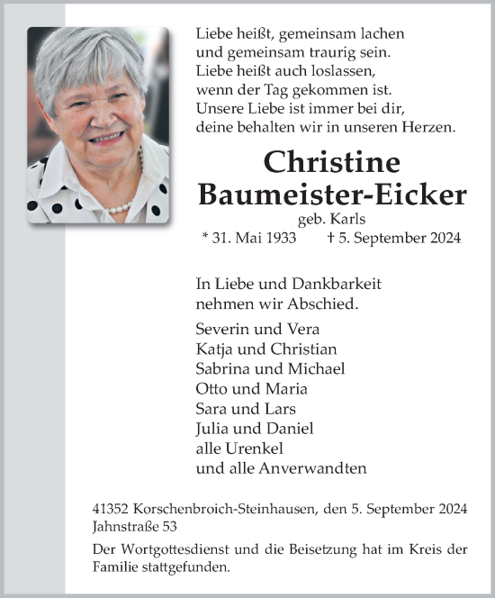 Traueranzeige von Christine Baumeister-Eicker von trauer.extra-tipp-moenchengladbach.de