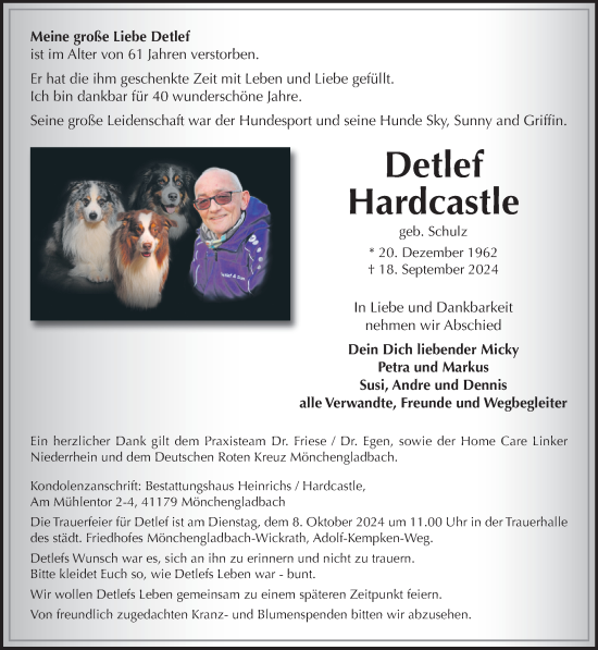 Traueranzeige von Detlef Hardcastle von trauer.extra-tipp-moenchengladbach.de