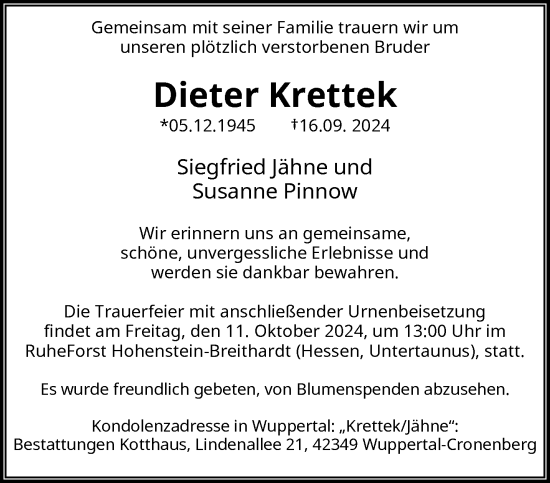 Traueranzeige von Dieter Krettek von trauer.wuppertaler-rundschau.de