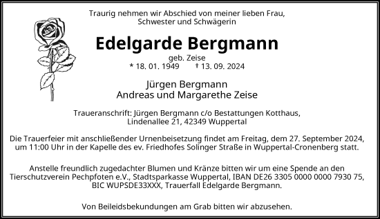 Traueranzeige von Edelgarde Bergmann von trauer.wuppertaler-rundschau.de