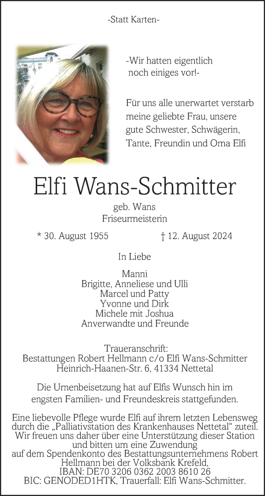  Traueranzeige für Elfi Wans-Schmitter vom 08.09.2024 aus trauer.extra-tipp-moenchengladbach.de