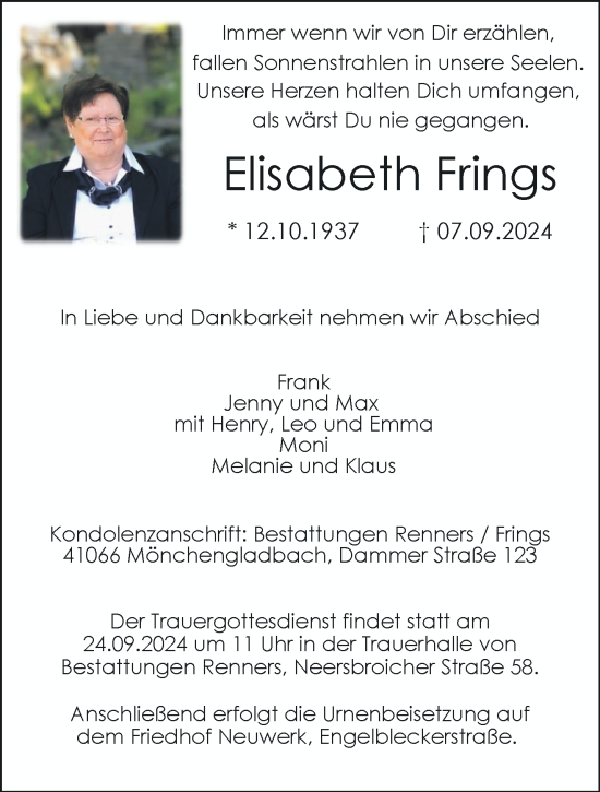 Traueranzeige von Elisabeth Frings von trauer.extra-tipp-moenchengladbach.de