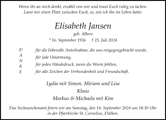 Traueranzeige von Elisabeth Jansen von trauer.extra-tipp-moenchengladbach.de