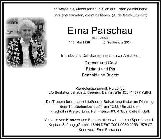 Traueranzeige von Erna Parschau von trauer.extra-tipp-moenchengladbach.de