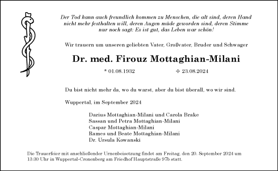 Traueranzeige von Firouz Mottaghian-Milani von trauer.wuppertaler-rundschau.de