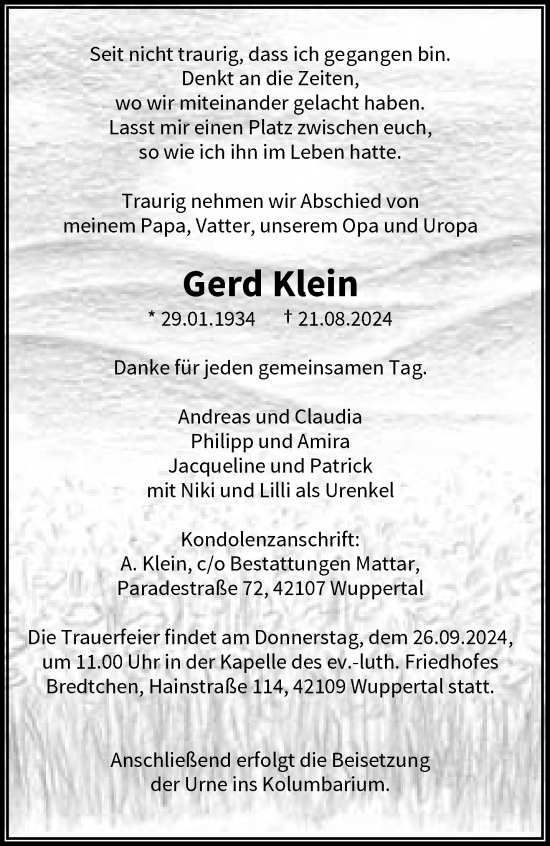 Traueranzeige von Gerd Klein von trauer.wuppertaler-rundschau.de