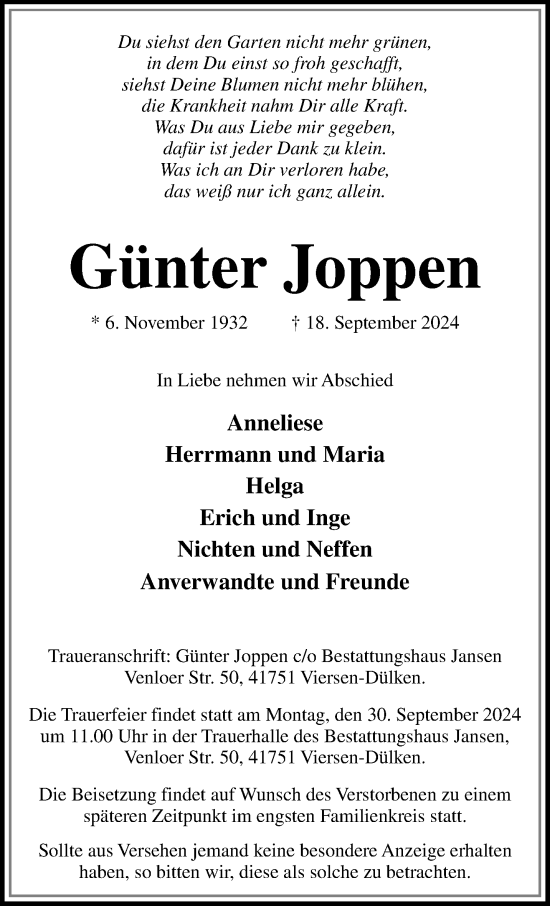 Traueranzeige von Günter Joppen von trauer.extra-tipp-moenchengladbach.de