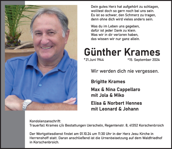 Traueranzeige von Günther Krames von trauer.extra-tipp-moenchengladbach.de