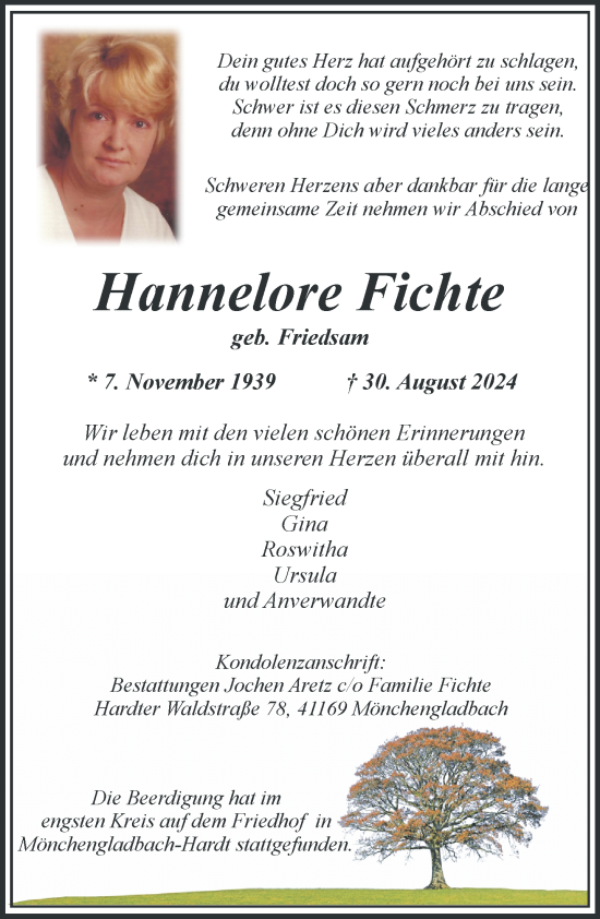 Traueranzeige von Hannelore Fichte von trauer.extra-tipp-moenchengladbach.de