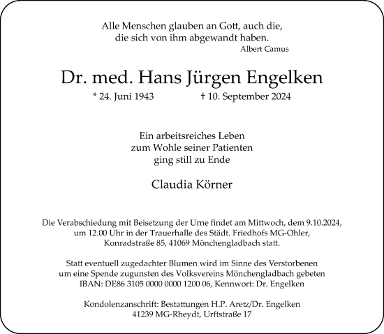 Traueranzeige von Hans Jürgen Engelken von trauer.extra-tipp-moenchengladbach.de