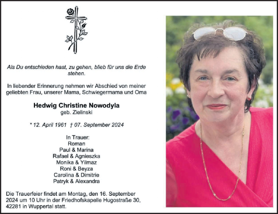 Traueranzeige von Hedwig Christine Nowodyla von trauer.wuppertaler-rundschau.de