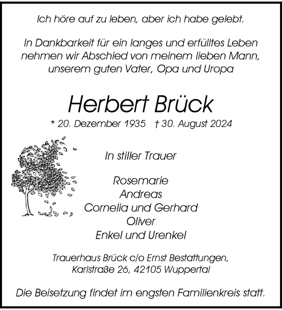 Traueranzeige von Herbert Brück von trauer.wuppertaler-rundschau.de