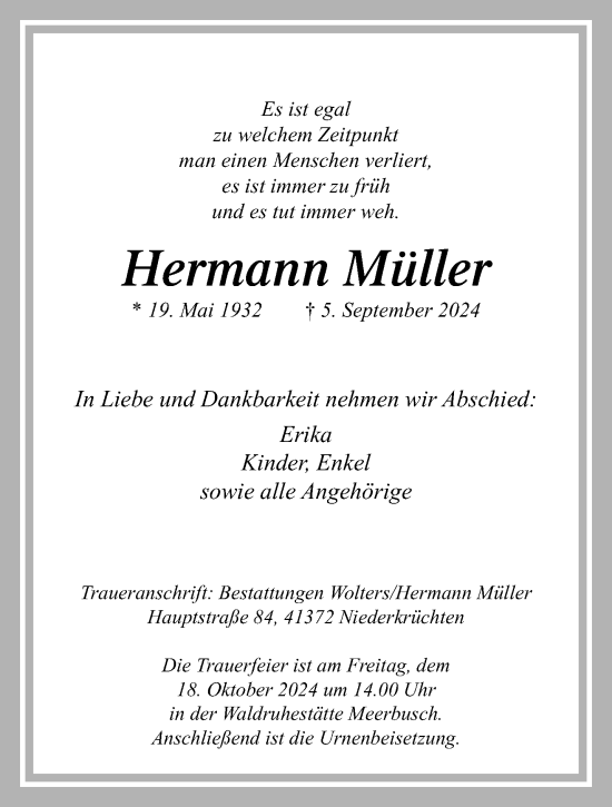 Traueranzeige von Hermann Müller von trauer.extra-tipp-moenchengladbach.de