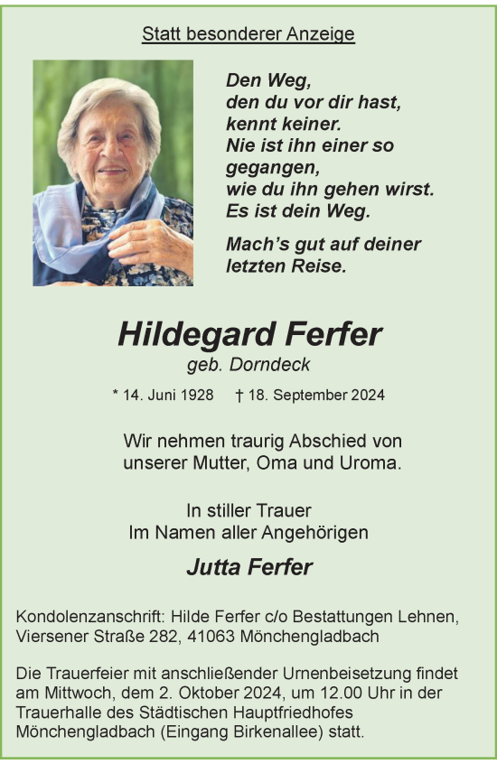 Traueranzeige von Hildegard Ferfer von trauer.extra-tipp-moenchengladbach.de