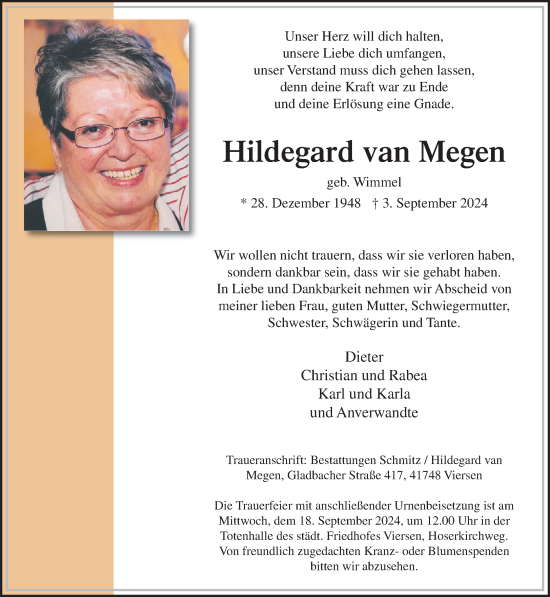 Traueranzeige von Hildegard van Megen von trauer.extra-tipp-moenchengladbach.de