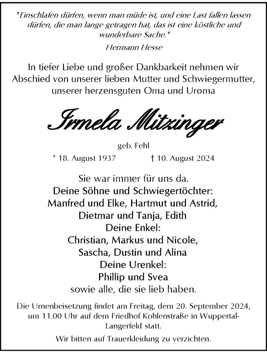 Traueranzeige von Irmela Mitzinger von trauer.wuppertaler-rundschau.de