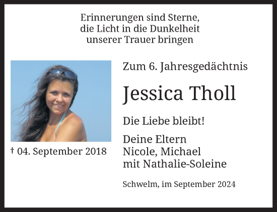 Traueranzeige von Jessica Tholl von trauer.wuppertaler-rundschau.de