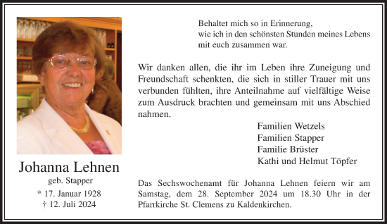 Traueranzeige von Johanna Lehnen von trauer.extra-tipp-moenchengladbach.de