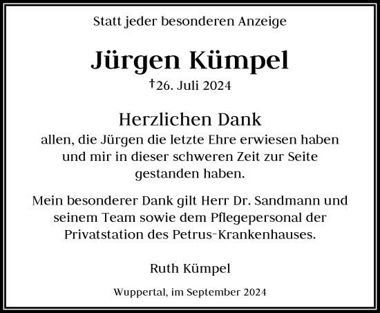 Traueranzeige von Jürgen Kümpel von trauer.wuppertaler-rundschau.de