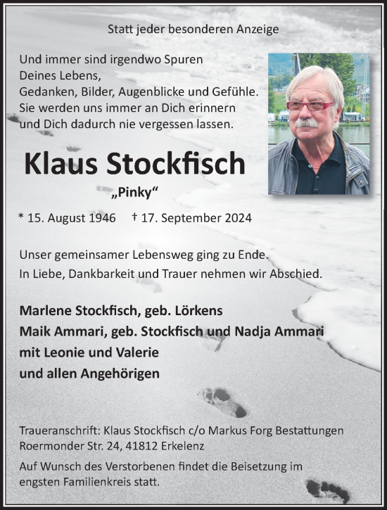 Traueranzeige von Klaus Stockfisch von trauer.extra-tipp-moenchengladbach.de