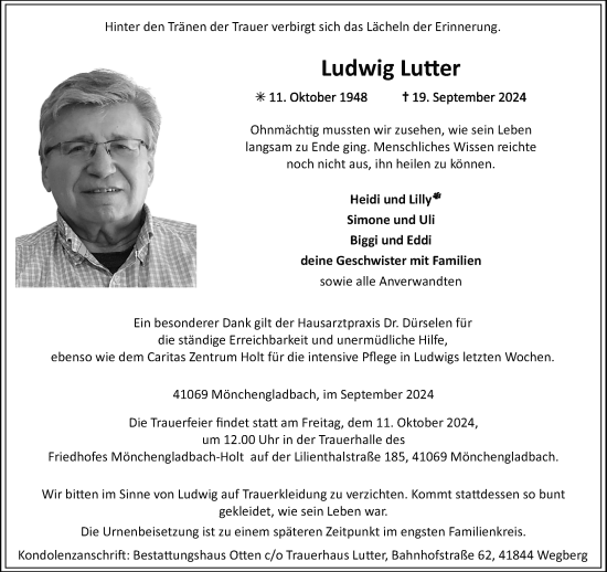 Traueranzeige von Ludwig Lutter von trauer.extra-tipp-moenchengladbach.de