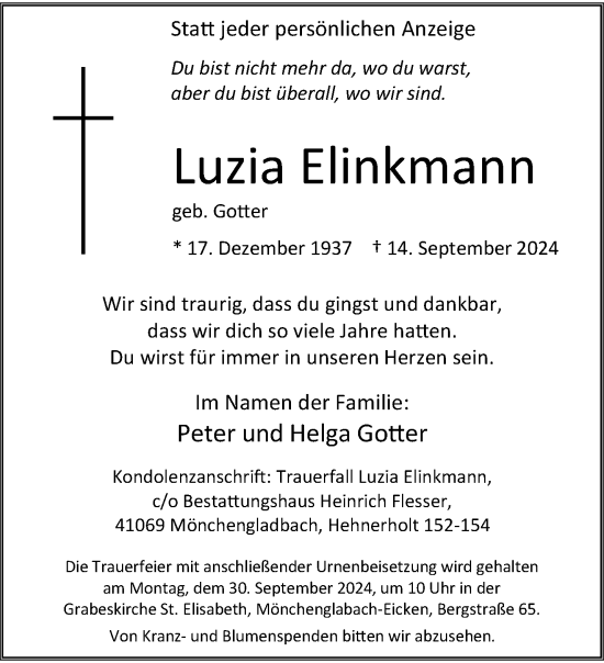 Traueranzeige von Luzia Elinkmann von trauer.extra-tipp-moenchengladbach.de