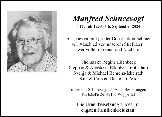 Traueranzeige von Manfred Schneevogt von trauer.wuppertaler-rundschau.de