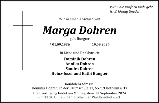 Traueranzeige von Marga Dohren von trauer.extra-tipp-moenchengladbach.de