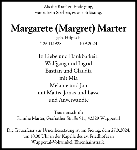 Traueranzeige von Margarete  Marter von trauer.wuppertaler-rundschau.de