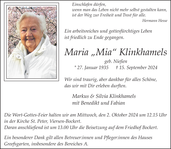 Traueranzeige von Maria  Klinkhamels von trauer.extra-tipp-moenchengladbach.de