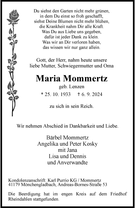 Traueranzeige von Maria Mommertz von trauer.extra-tipp-moenchengladbach.de