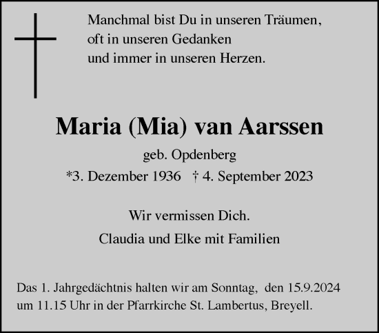 Traueranzeige von Maria  van Aarssen von trauer.extra-tipp-moenchengladbach.de