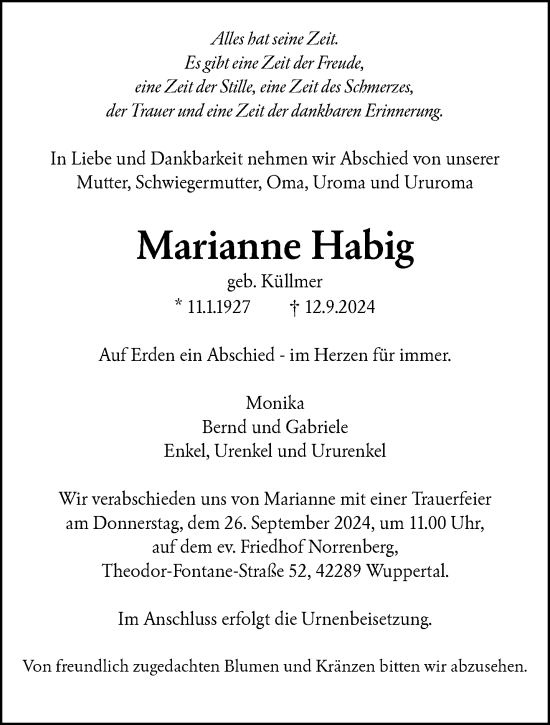 Traueranzeige von Marianne Habig von trauer.wuppertaler-rundschau.de