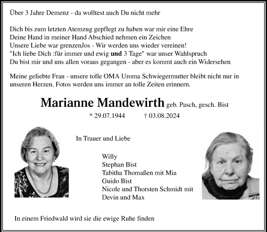 Traueranzeige von Marianne Mandewirth von trauer.extra-tipp-moenchengladbach.de