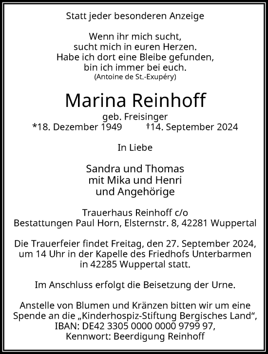 Traueranzeige von Marina Reinhoff von trauer.wuppertaler-rundschau.de