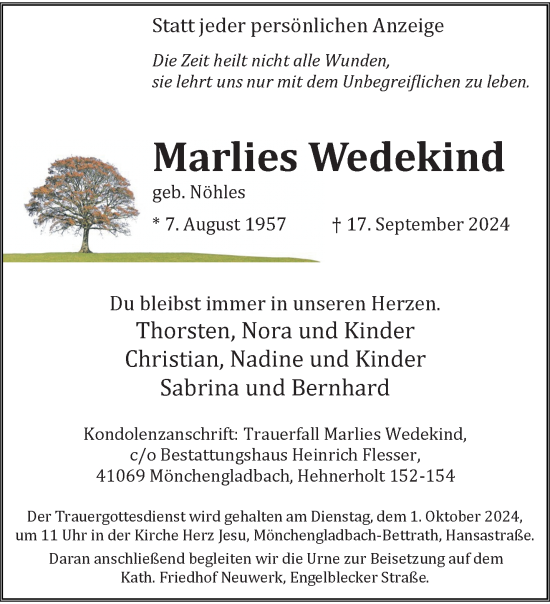 Traueranzeige von Marlies Wedekind von trauer.extra-tipp-moenchengladbach.de