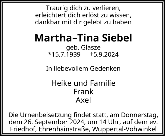 Traueranzeige von Martha-Tina Siebel von trauer.wuppertaler-rundschau.de