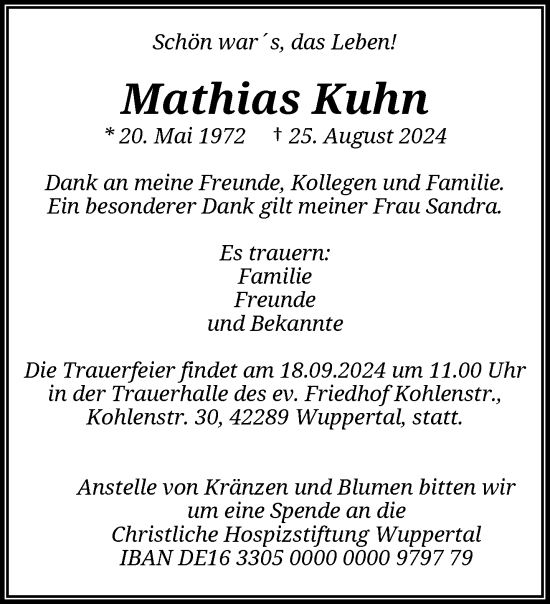 Traueranzeige von Mathias Kuhn von trauer.wuppertaler-rundschau.de