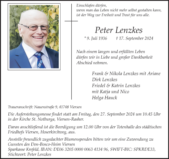 Traueranzeige von Peter Lenzkes von trauer.extra-tipp-moenchengladbach.de