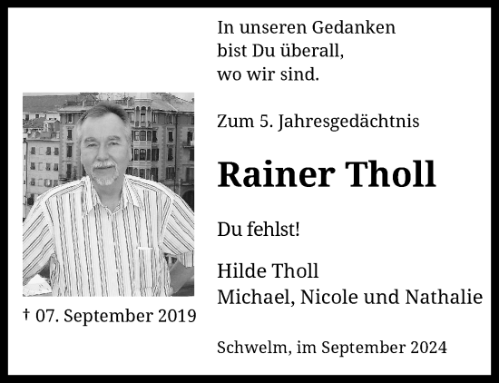 Traueranzeige von Rainer Tholl von trauer.wuppertaler-rundschau.de