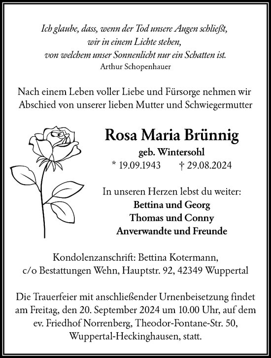 Traueranzeige von Rosa Maria Brünnig von trauer.wuppertaler-rundschau.de