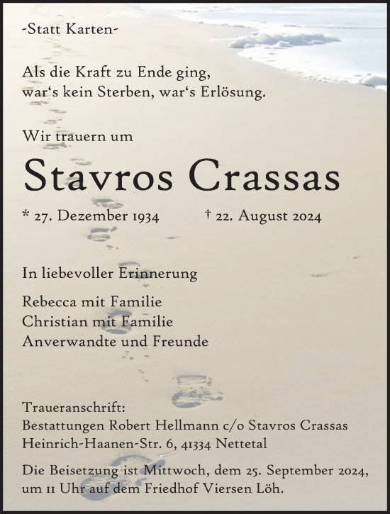 Traueranzeige von Stavros Crassas von trauer.extra-tipp-moenchengladbach.de