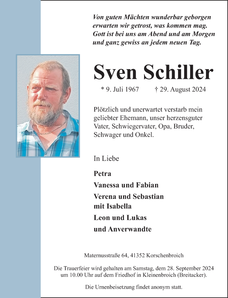  Traueranzeige für Sven Schiller vom 22.09.2024 aus trauer.extra-tipp-moenchengladbach.de