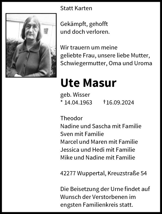 Traueranzeige von Ute Masur von trauer.wuppertaler-rundschau.de